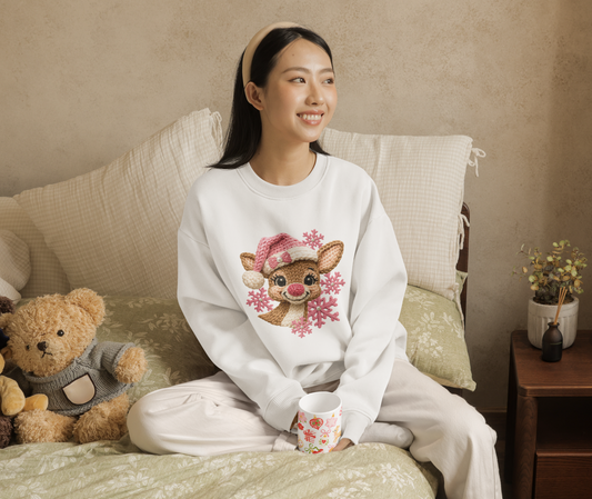 Pink reindeer Cross Stitch Sweatshirt
