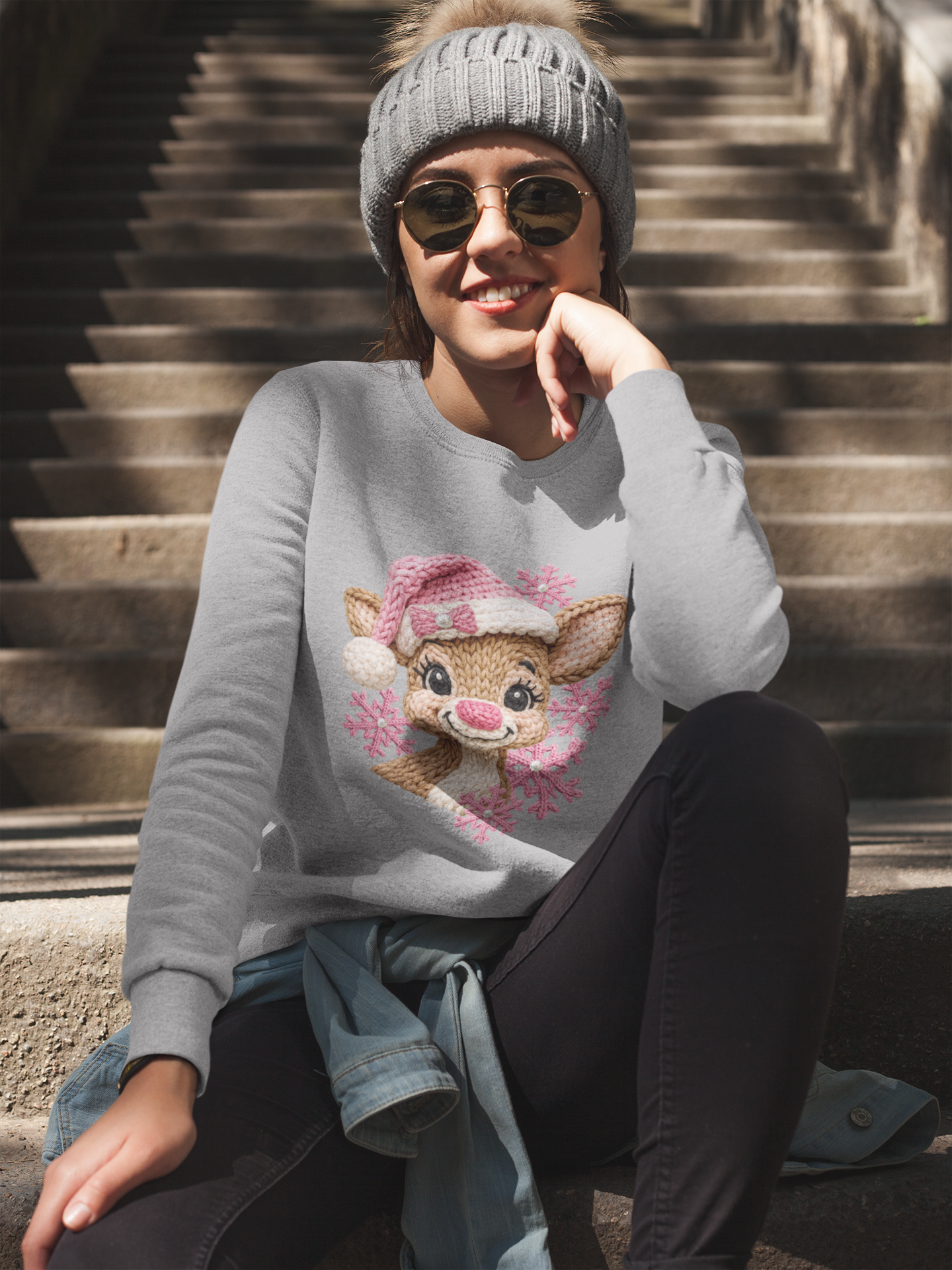 Pink reindeer Cross Stitch Sweatshirt